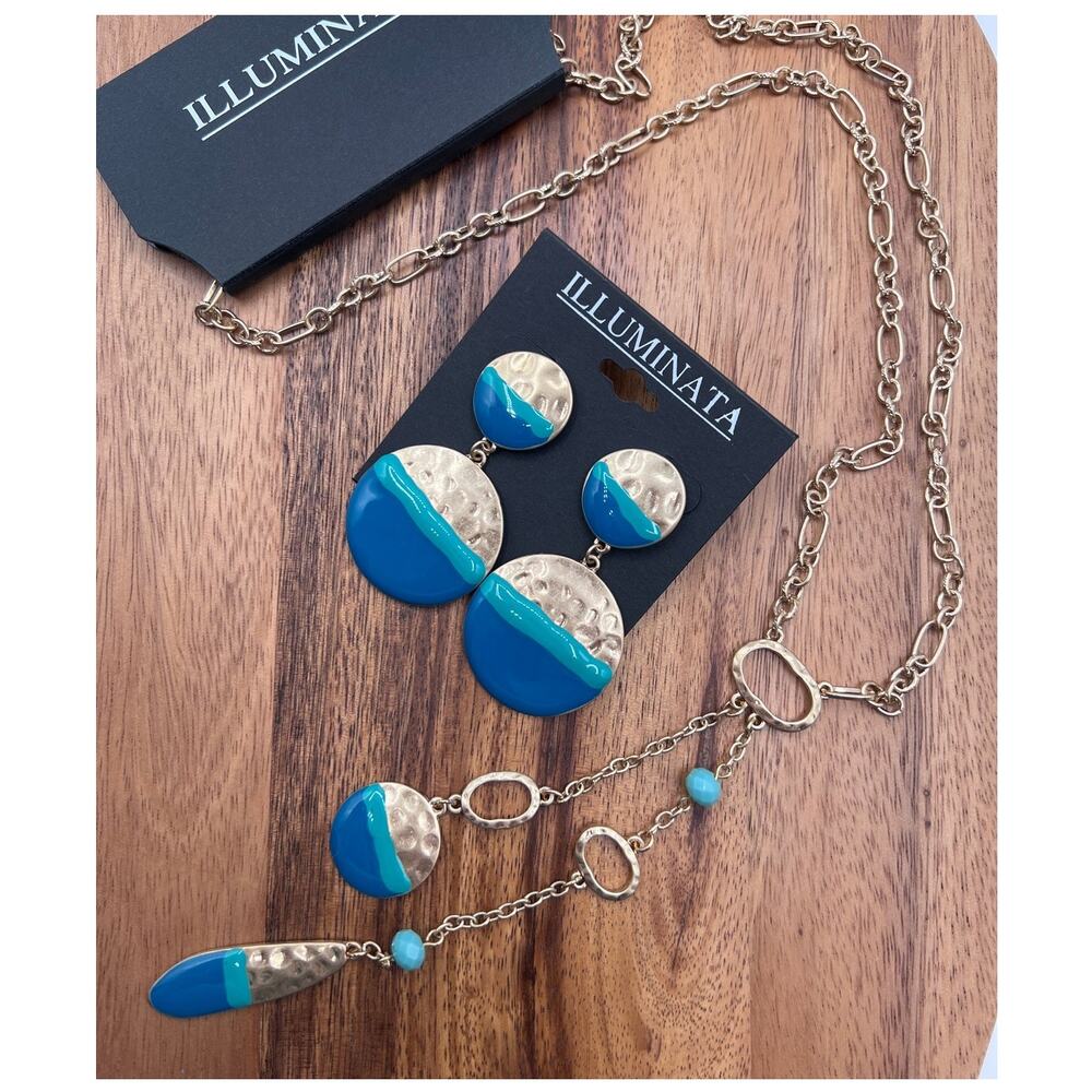 Illuminata Round Drop Earrings 20" Necklace Gold Tone Blue Green 2 Pc Set NEW!